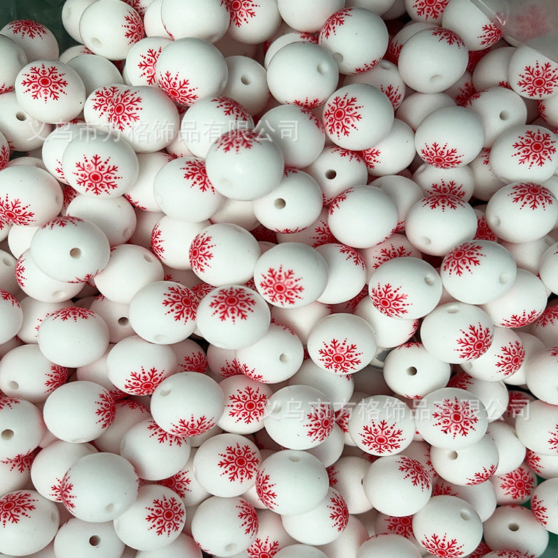 Wholesale 50pcs DIY Christmas Snowman Christmas Tree Printing 15mm Silicone Beads
